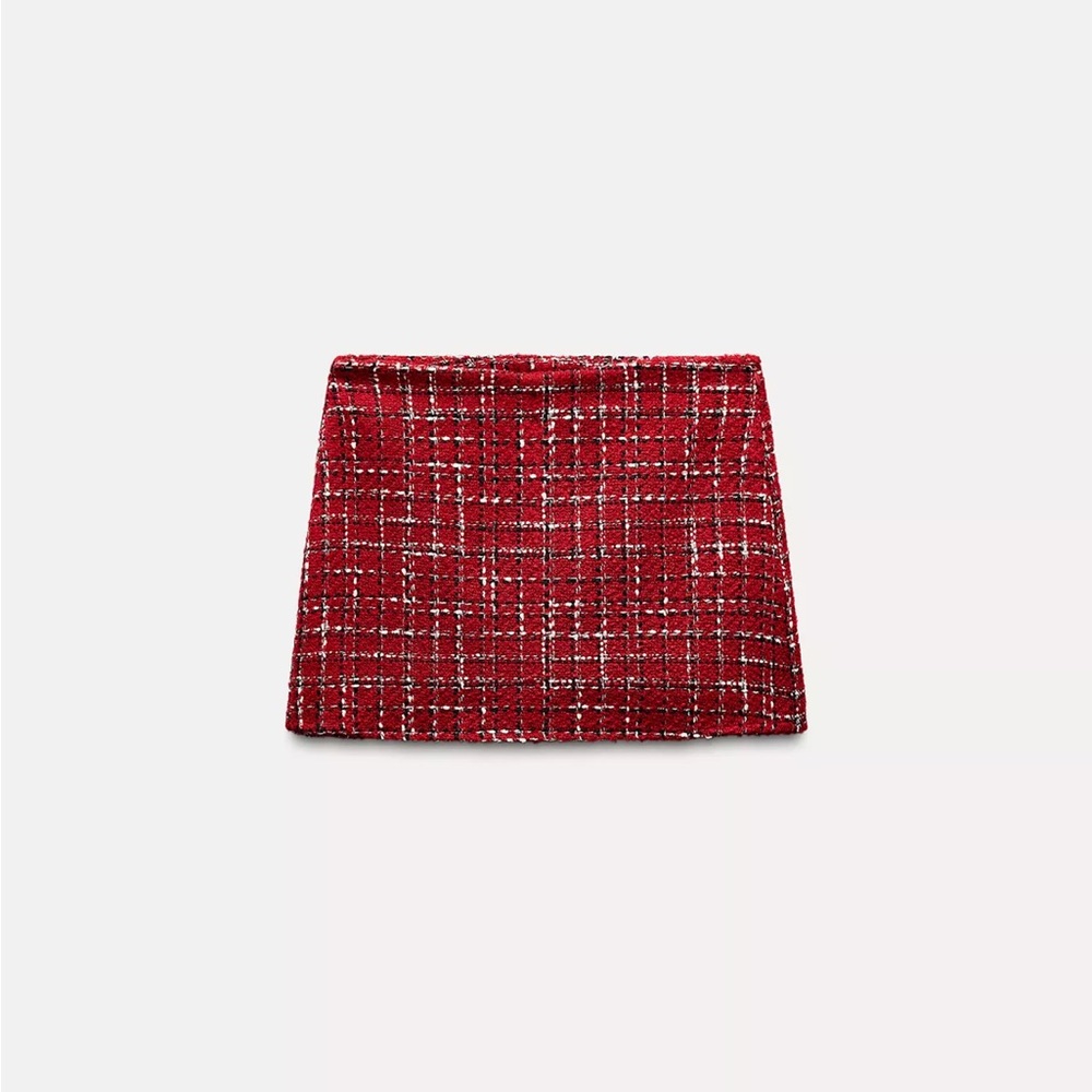 Zara Red Textured Tweed Mini Skort